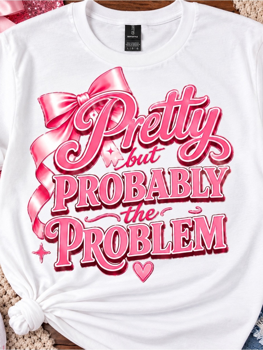 Soft Style White Short-Sleeve Tee with Pink Ribbon & Script Graphic